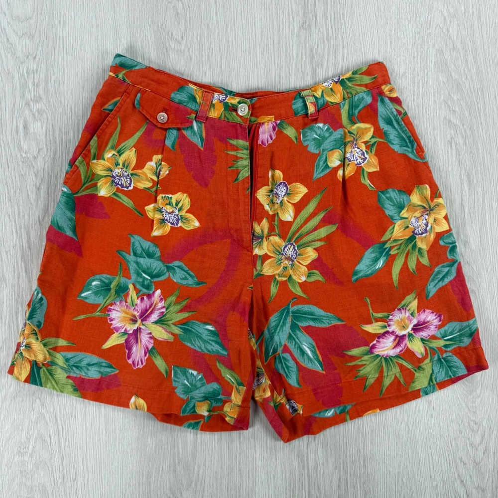 Linen Tropical Floral Shorts Ralph Lauren Women Orange Linen Blend Coastal‎